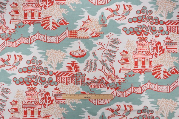Click for 1 Yards Anna French Luzon F936107 Printed Linen Blend Drapery Fabric in Aqua and Coral for Thibaut Anna French Luzon F936107 Printed Linen Blend Drapery Fabric in Aqua and Coral for Thibaut