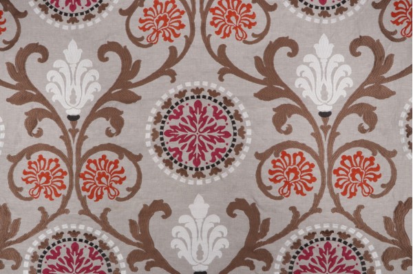 Sample of Anna French Banyan W764104 Printed & Embroidered Linen Drapery Fabric in Fuchsia for Thibaut 
