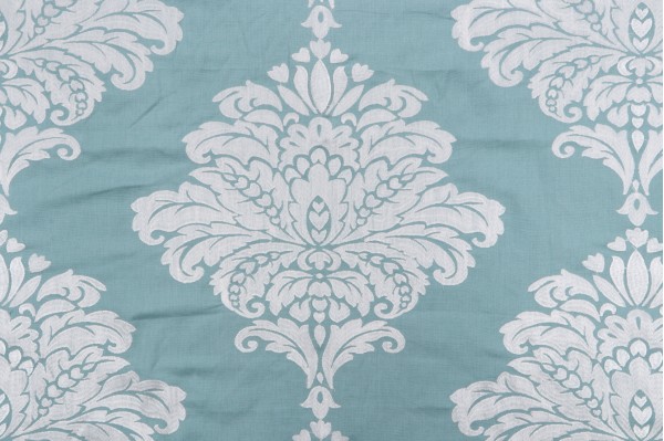 Thibaut Arturo Damask W71305 Embroidered Drapery Fabric in White on Turquoise