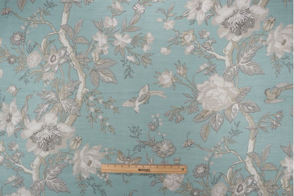 Sample of Thibaut Nemour F936130 Printed Linen Blend Drapery Fabric in Aqua 