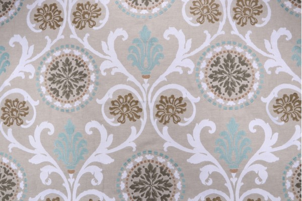 Thibaut Banyan W764100 Printed & Embroidered Linen Drapery Fabric in Aqua