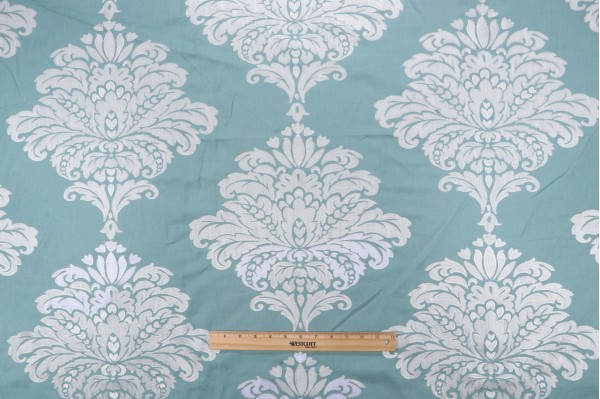 Thibaut Arturo Damask W71305 Embroidered Drapery Fabric in White on Turquoise 