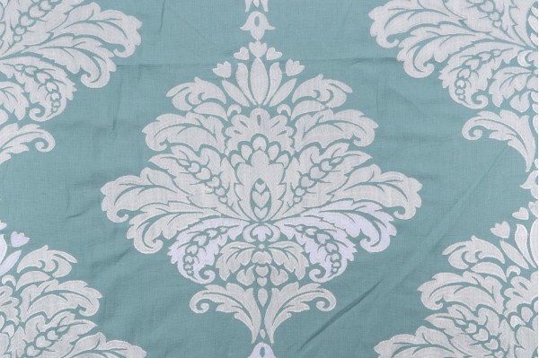 Thibaut Arturo Damask W71305 Embroidered Drapery Fabric in White on Turquoise 