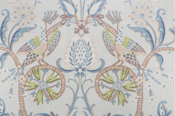 Sample of Anna French Peacock Garden F924360 Printed Linen Drapery Fabric in Aqua for Thibaut 