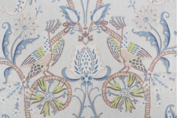 Sample of Thibaut Peacock Garden F924360 Printed Linen Drapery Fabric in Aqua 