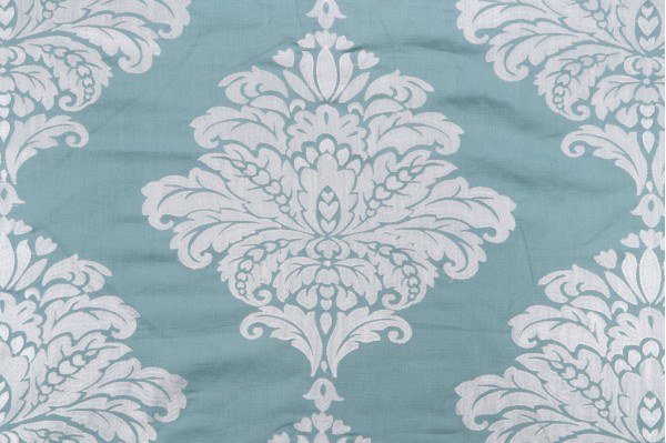 Thibaut Arturo Damask W713015 Embroidered Drapery Fabric in White and Turquoise 