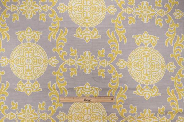 Anna French Halie F936115 Printed Linen Blend Drapery Fabric in Grey and Lemon for Thibaut