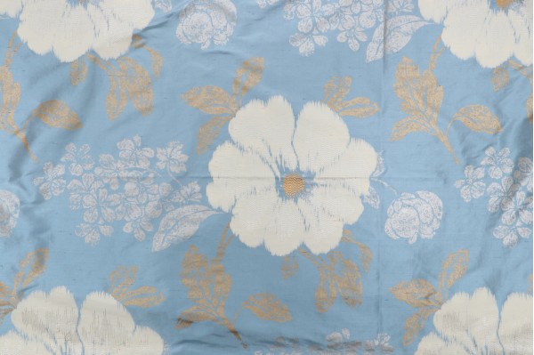 Thibaut Rue De Seine Printed & Embroidered Silk Drapery Fabric in Spa Blue