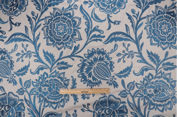 Sample of Thibaut Rivera W713025 Embroidered Drapery Fabric in Blue on Flax 