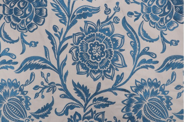 Sample of Thibaut Rivera W713025 Embroidered Drapery Fabric in Blue on Flax 