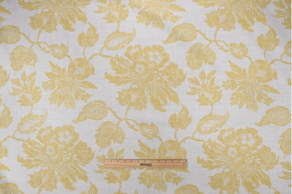 Sample of Thibaut Helena F94101 Printed Linen Drapery Fabric in Lemon 
