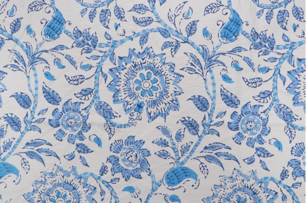 Sample of Thibaut Sevita F964110 Printed Linen Blend Drapery Fabric in Blue and White 