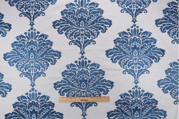 Sample of Thibaut Arturo Damask W713014 Embroidered Drapery Fabric in Navy on White 