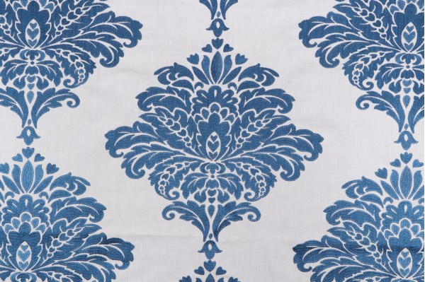 Sample of Thibaut Arturo Damask W713014 Embroidered Drapery Fabric in Navy on White 