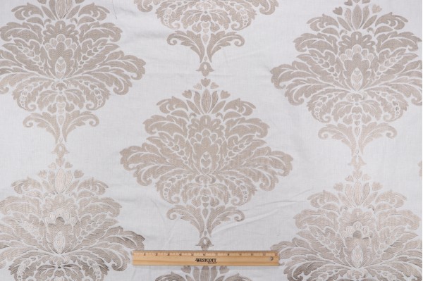 Sample of Thibaut Arturo Damask W713017 Embroidered Drapery Fabric in Grey on White 