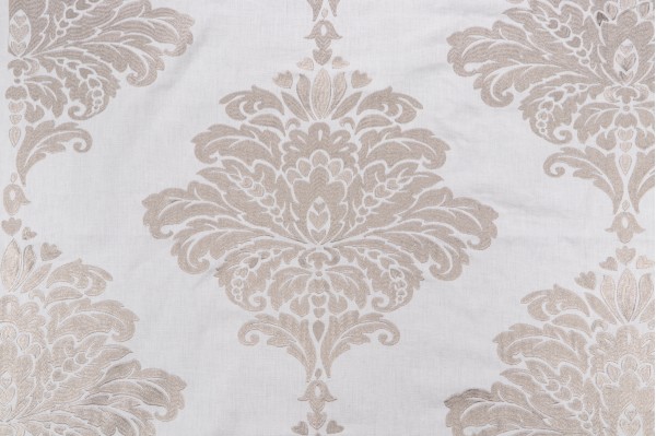 Sample of Thibaut Arturo Damask W713017 Embroidered Drapery Fabric in Grey on White 