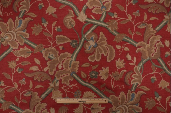 Sample of Thibaut Denmark F96032 Printed Cotton Blend Drapery Fabric in Red and Cream 