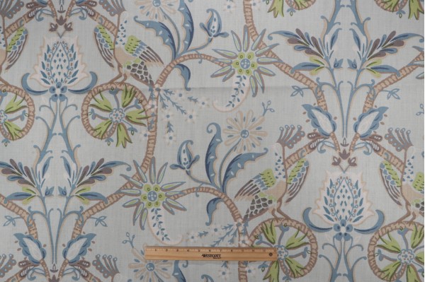 Sample of Thibaut Peacock Garden F924360 Printed Linen Drapery Fabric in Aqua 