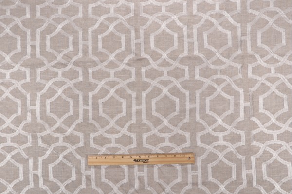 Sample of Anna French Alston Trellis W713027 Embroidered Linen Drapery Fabric in Flax for Thibaut 