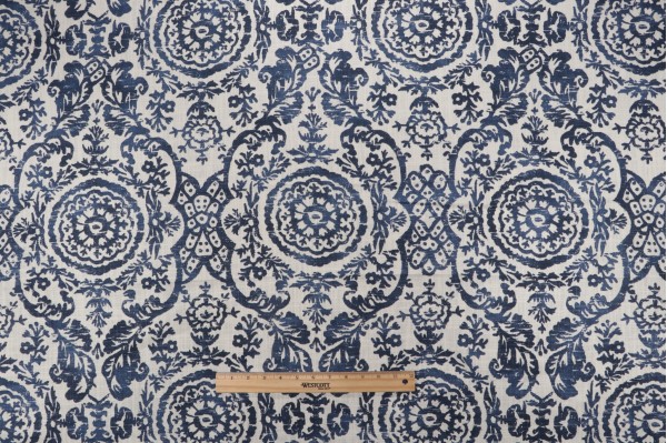 Sample of Thibaut Sansome F94151 Printed Linen Blend Drapery Fabric in Navy 