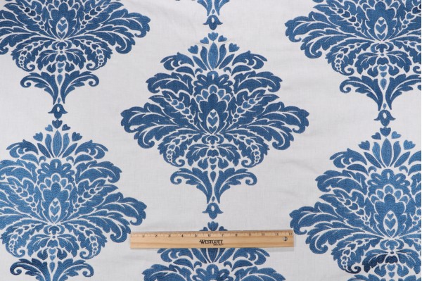 Thibaut Arturo Damask W713014 Embroidered Drapery Fabric in Navy and White