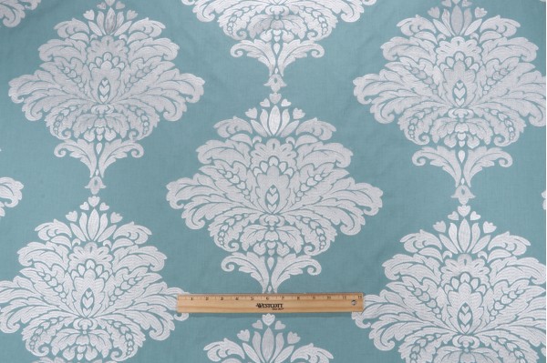Thibaut Arturo Damask W713015 Embroidered Drapery Fabric in White on Turquoise