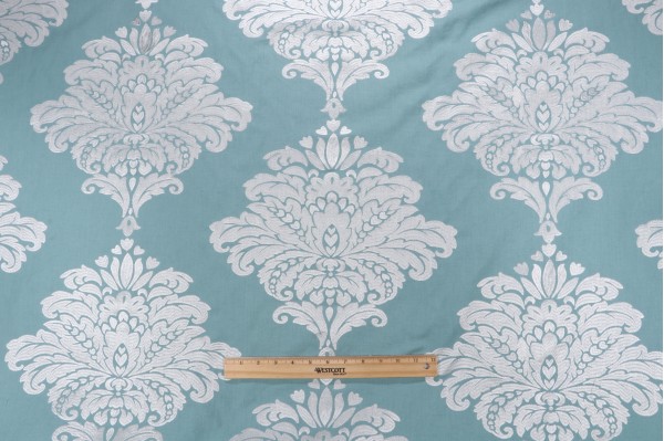 Thibaut Arturo Damask W713015 Embroidered Drapery Fabric in White on Turquoise
