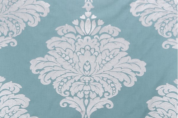 Thibaut Arturo Damask W713015 Embroidered Drapery Fabric in White on Turquoise