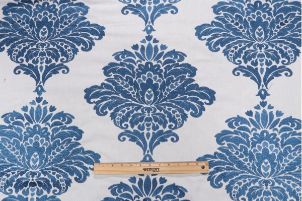 Thibaut Arturo Damask W713014 Embroidered Drapery Fabric in Navy on White