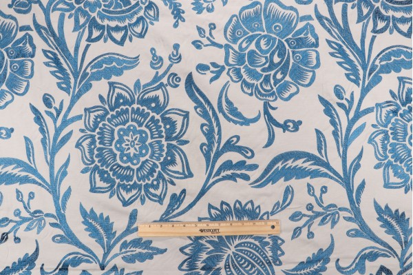 Thibaut Rivera W713025 Embroidered Drapery Fabric in Blue on Flax