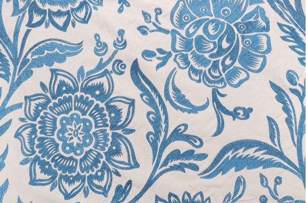 Thibaut Rivera W713025 Embroidered Drapery Fabric in Blue on Flax