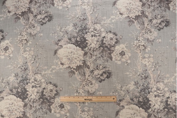 Waverly Ballad Bouquet Printed Linen Blend Drapery Fabric in Platinum