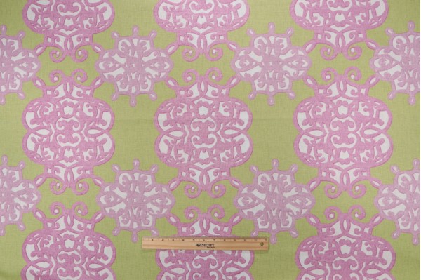 Thibaut Jakarta F98613 Printed Linen Blend Drapery Fabric in Green & Lavender 