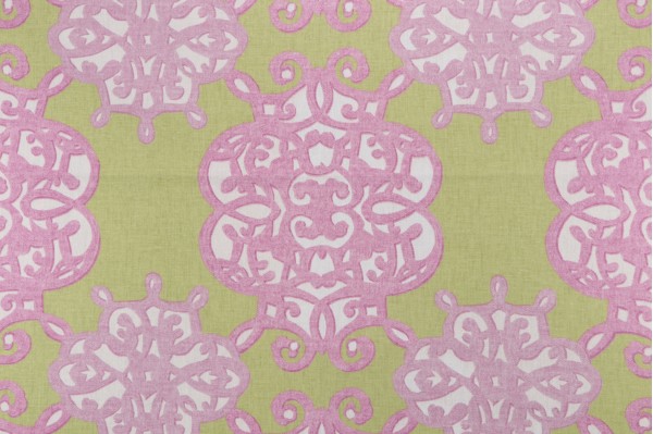 Thibaut Jakarta F98613 Printed Linen Blend Drapery Fabric in Green & Lavender 