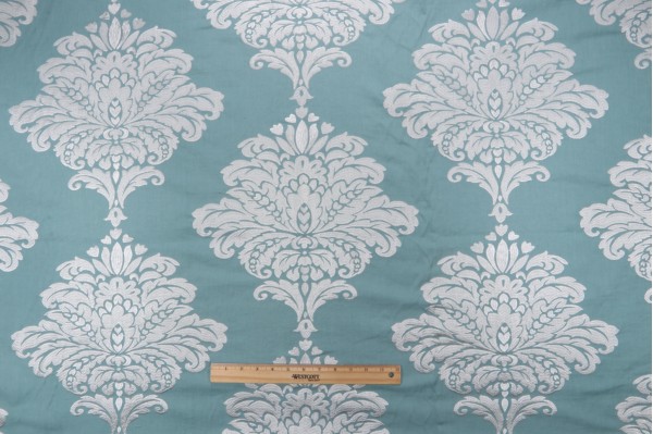Thibaut Arturo Damask W71305 Embroidered Drapery Fabric in White on Turquoise 