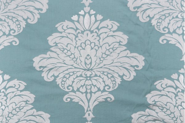 Thibaut Arturo Damask W71305 Embroidered Drapery Fabric in White on Turquoise 