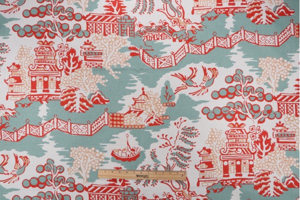 Anna French Luzon F936107 Printed Linen Blend Drapery Fabric in Aqua and Coral for Thibaut 