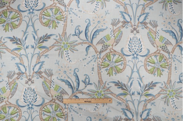 Sample of Thibaut Peacock Garden F924360 Printed Linen Drapery Fabric in Aqua 