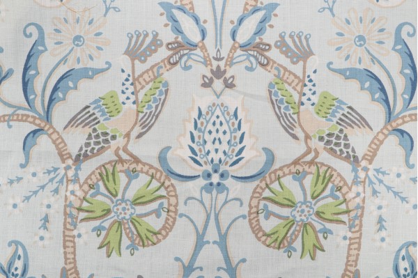 Sample of Thibaut Peacock Garden F924360 Printed Linen Drapery Fabric in Aqua 