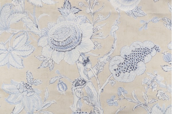 Anna French Rittenhouse F94146 Printed Cotton Blend Drapery Fabric in Blue and Tan for Thibaut