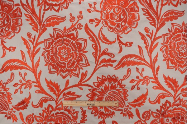 Thibaut Rivera W713047 Embroidered Drapery Fabric in Coral on Flax
