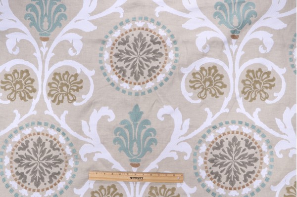 Thibaut Banyan W764100 Printed & Embroidered Linen Drapery Fabric in Aqua