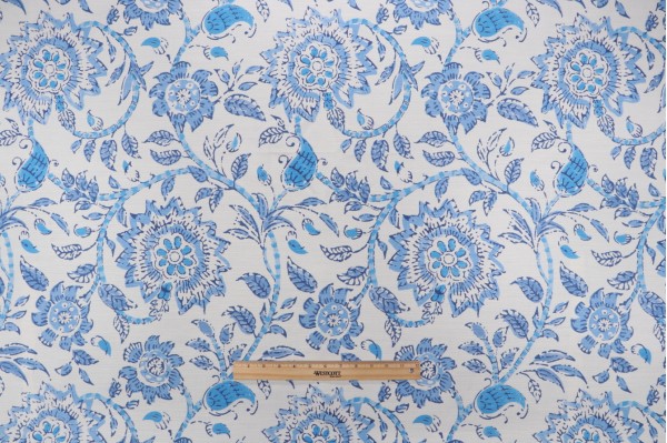 Thibaut Sevita F964110 Printed Linen Blend Drapery Fabric in Blue and White