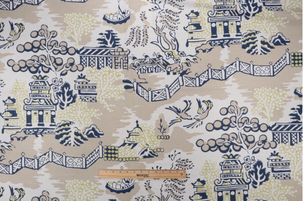 Anna French Luzon F936110 Printed Linen Blend Drapery Fabric in Navy on Beige for Thibaut