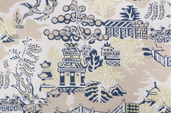 Anna French Luzon F936110 Printed Linen Blend Drapery Fabric in Navy on Beige for Thibaut