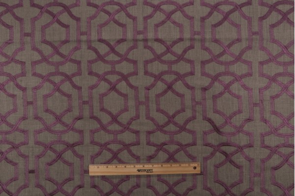 Anna French Alston Trellis W713028 Embroidered Linen Drapery Fabric in Plum on Natural for Thibaut