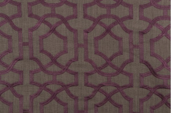 Anna French Alston Trellis W713028 Embroidered Linen Drapery Fabric in Plum on Natural for Thibaut