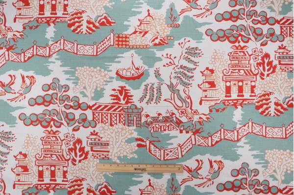 Anna French Luzon F936107 Printed Linen Blend Drapery Fabric in Aqua and Coral for Thibaut