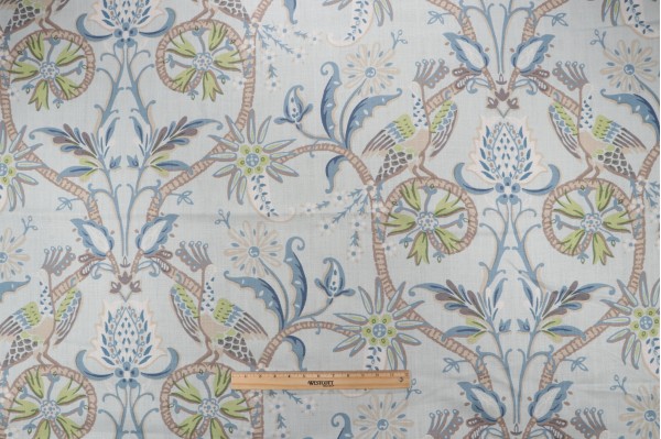 Anna French Peacock Garden F924360 Printed Linen Drapery Fabric in Aqua for Thibaut