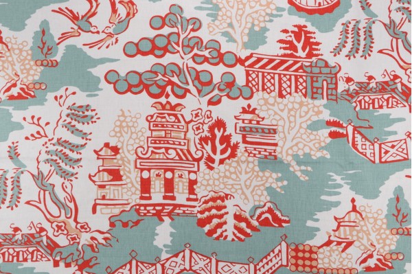 Anna French Luzon F936107 Printed Linen Blend Drapery Fabric in Aqua and Coral for Thibaut